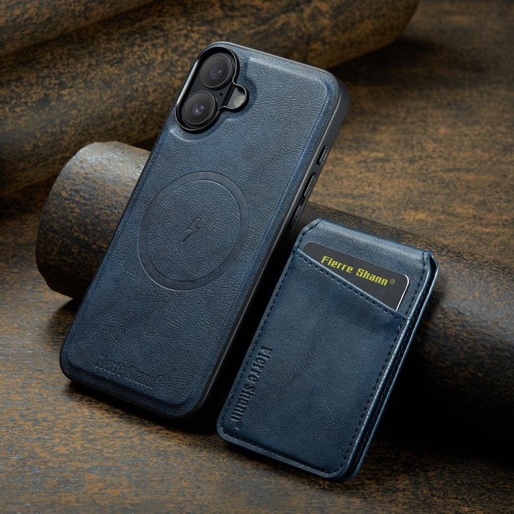 For iPhone 16 Fierre Shann Cowhide Vertical Flip Magnetic Card Holder Phone Case(Blue)