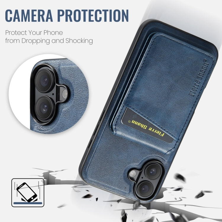 For iPhone 16 Fierre Shann Cowhide Vertical Flip Magnetic Card Holder Phone Case(Blue)