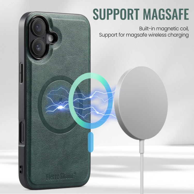 For iPhone 16 Fierre Shann Cowhide Vertical Flip Magnetic Card Holder Phone Case(Green)