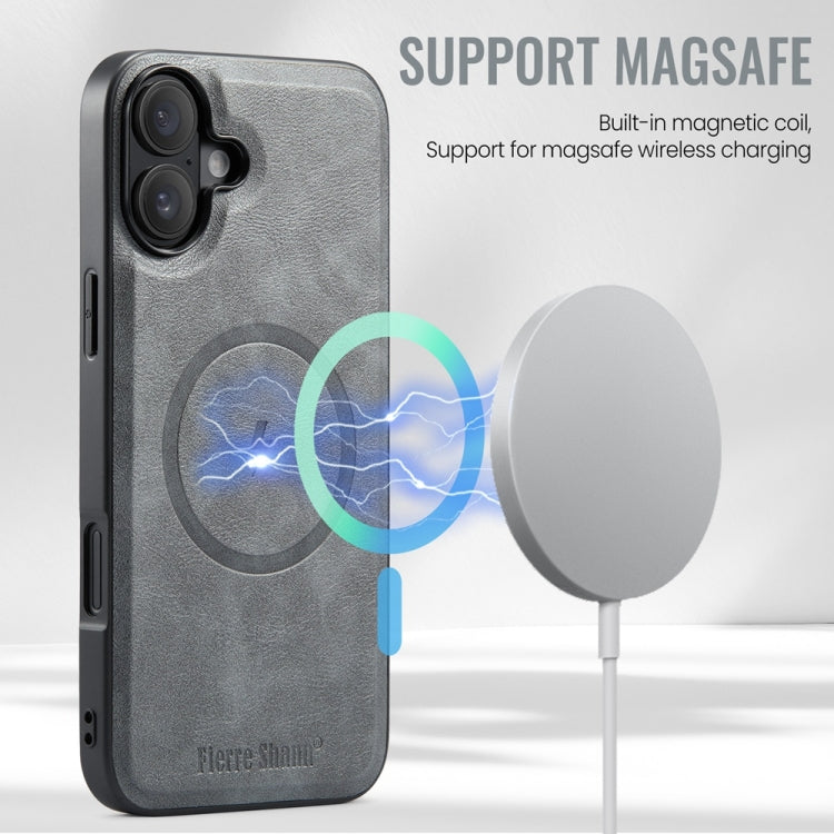 For iPhone 16 Fierre Shann Cowhide Vertical Flip Magnetic Card Holder Phone Case(Grey)