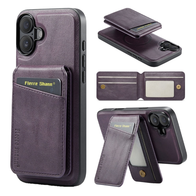 For iPhone 16 Fierre Shann Cowhide Vertical Flip Magnetic Card Holder Phone Case(Purple)
