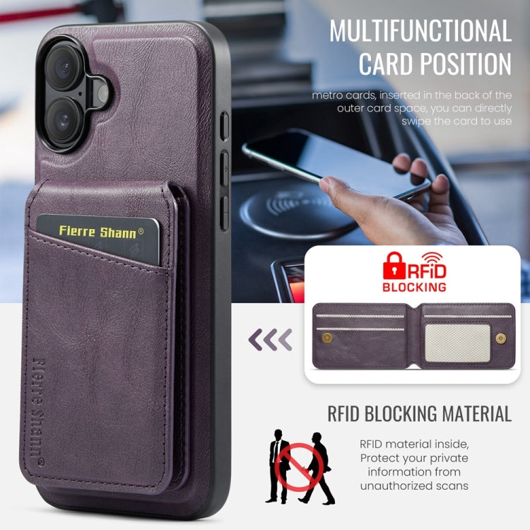 For iPhone 16 Fierre Shann Cowhide Vertical Flip Magnetic Card Holder Phone Case(Purple)