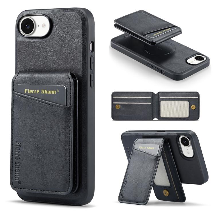 For iPhone 17e / 16e Fierre Shann Cowhide Vertical Flip Magnetic Card Holder Phone Case(Black)