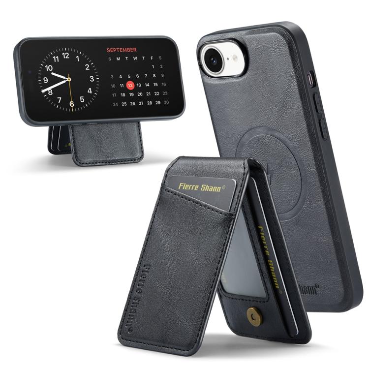 For iPhone 17e / 16e Fierre Shann Cowhide Vertical Flip Magnetic Card Holder Phone Case(Black)