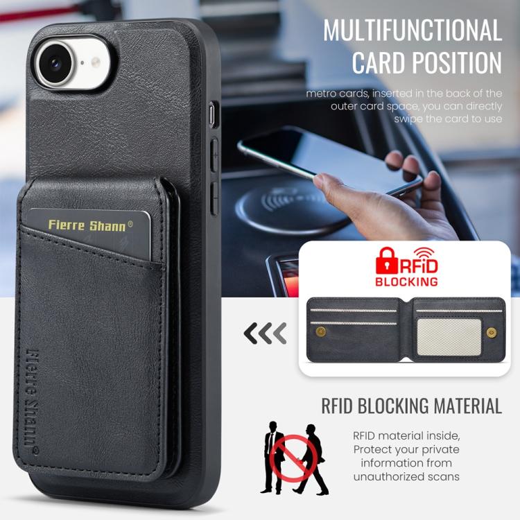 For iPhone 17e / 16e Fierre Shann Cowhide Vertical Flip Magnetic Card Holder Phone Case(Black)