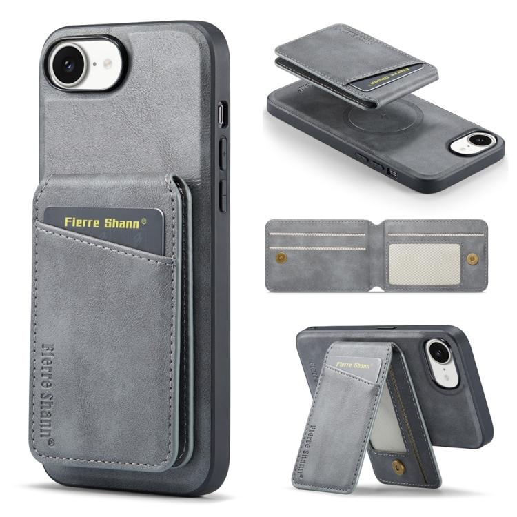 For iPhone 17e / 16e Fierre Shann Cowhide Vertical Flip Magnetic Card Holder Phone Case(Grey)