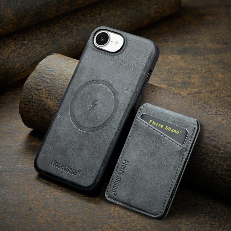 For iPhone 17e / 16e Fierre Shann Cowhide Vertical Flip Magnetic Card Holder Phone Case(Grey)