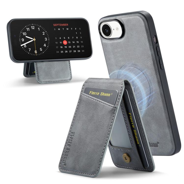 For iPhone 17e / 16e Fierre Shann Cowhide Vertical Flip Magnetic Card Holder Phone Case(Grey)