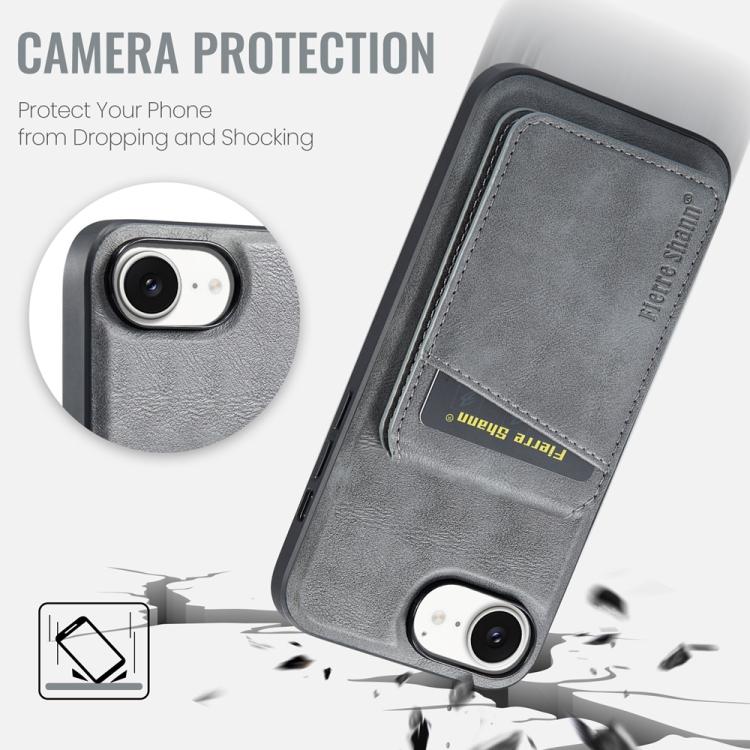 For iPhone 17e / 16e Fierre Shann Cowhide Vertical Flip Magnetic Card Holder Phone Case(Grey)