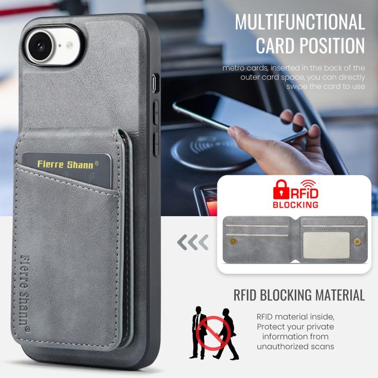 For iPhone 17e / 16e Fierre Shann Cowhide Vertical Flip Magnetic Card Holder Phone Case(Grey)