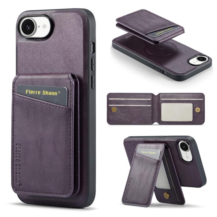 For iPhone 17e / 16e Fierre Shann Cowhide Vertical Flip Magnetic Card Holder Phone Case(Purple)