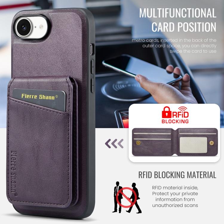 For iPhone 17e / 16e Fierre Shann Cowhide Vertical Flip Magnetic Card Holder Phone Case(Purple)