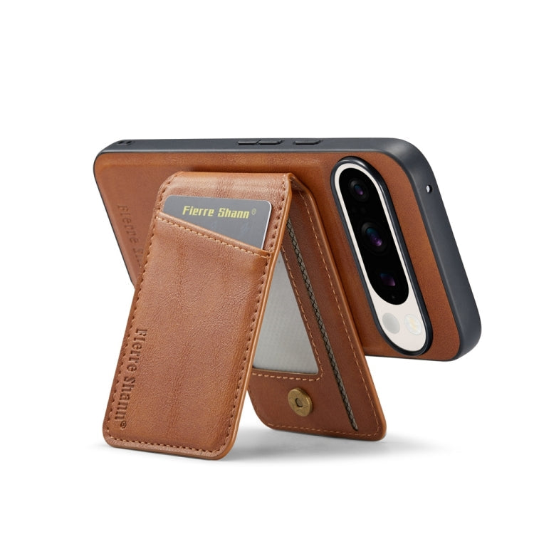 For Google Pixel 9 Pro Fierre Shann Cowhide Vertical Flip Magnetic Card Holder Phone Case(Brown)