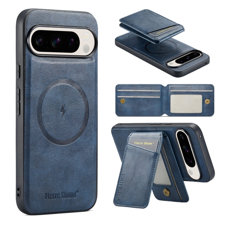 For Google Pixel 9 Pro Fierre Shann Cowhide Vertical Flip Magnetic Card Holder Phone Case(Blue)