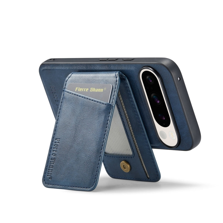 For Google Pixel 9 Pro Fierre Shann Cowhide Vertical Flip Magnetic Card Holder Phone Case(Blue)