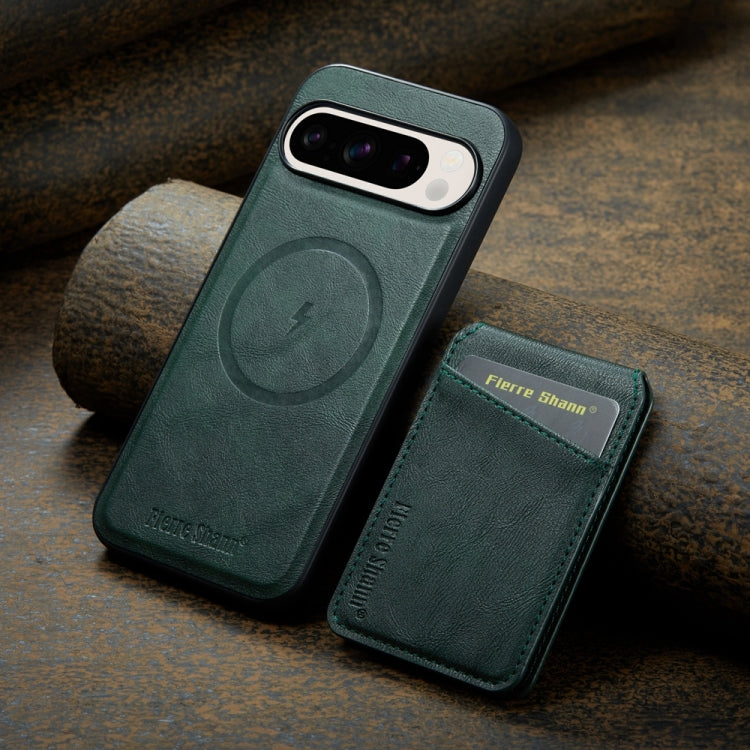 For Google Pixel 9 Pro Fierre Shann Cowhide Vertical Flip Magnetic Card Holder Phone Case(Green)