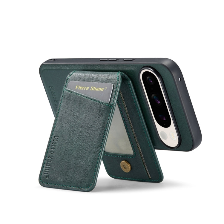 For Google Pixel 9 Pro Fierre Shann Cowhide Vertical Flip Magnetic Card Holder Phone Case(Green)