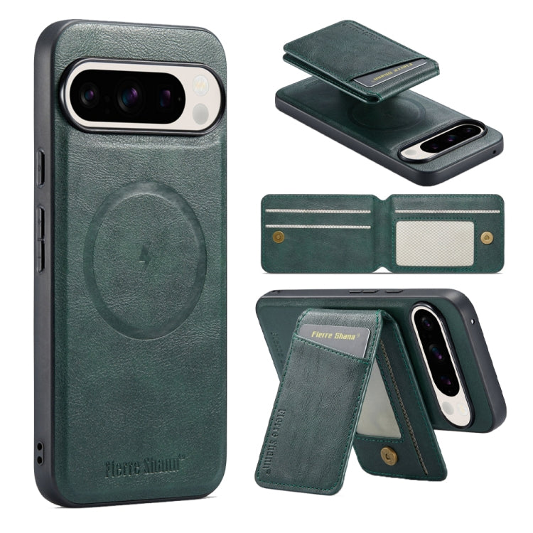 For Google Pixel 9 Fierre Shann Cowhide Vertical Flip Magnetic Card Holder Phone Case(Green)