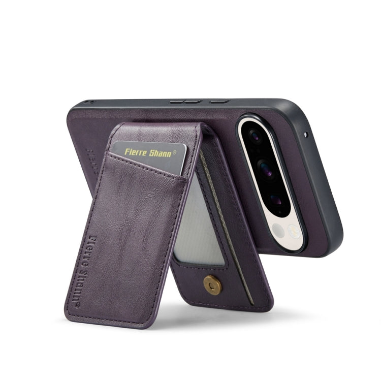 For Google Pixel 9 Fierre Shann Cowhide Vertical Flip Magnetic Card Holder Phone Case(Purple)