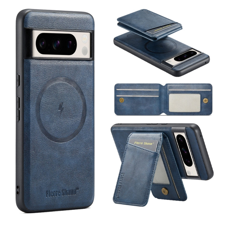 For Google Pixel 8 Pro Fierre Shann Cowhide Vertical Flip Magnetic Card Holder Phone Case(Blue)