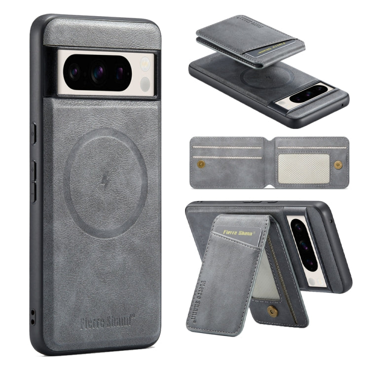 For Google Pixel 8 Pro Fierre Shann Cowhide Vertical Flip Magnetic Card Holder Phone Case(Grey)