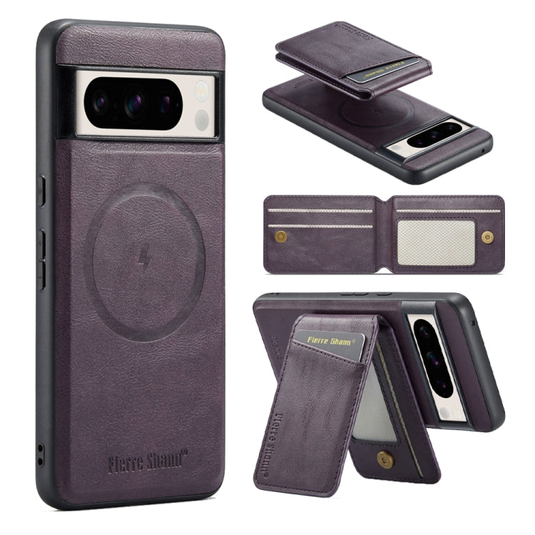 For Google Pixel 8 Fierre Shann Cowhide Vertical Flip Magnetic Card Holder Phone Case(Purple)
