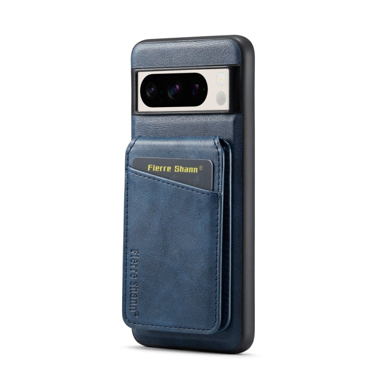 For Google Pixel 7 Pro Fierre Shann Cowhide Vertical Flip Magnetic Card Holder Phone Case(Blue)