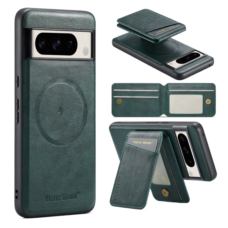 For Google Pixel 7 Pro Fierre Shann Cowhide Vertical Flip Magnetic Card Holder Phone Case(Green)