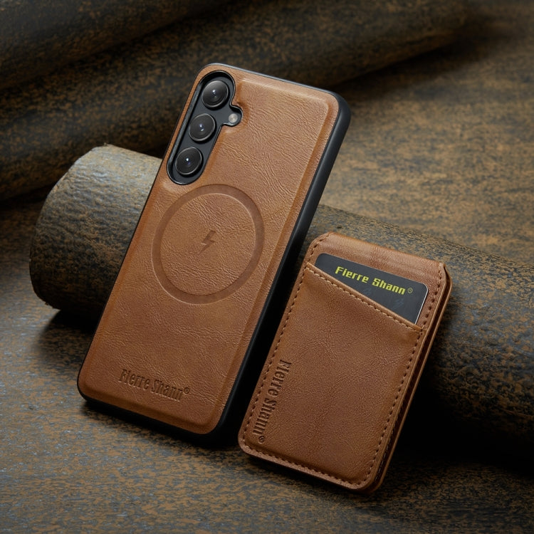 For Samsung Galaxy S23 FE 5G Fierre Shann Cowhide Vertical Flip Magnetic Card Holder Phone Case(Brown)