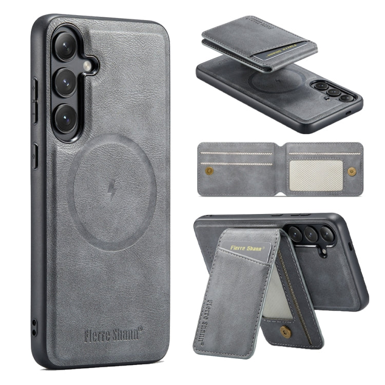 For Samsung Galaxy S23 FE 5G Fierre Shann Cowhide Vertical Flip Magnetic Card Holder Phone Case(Grey)