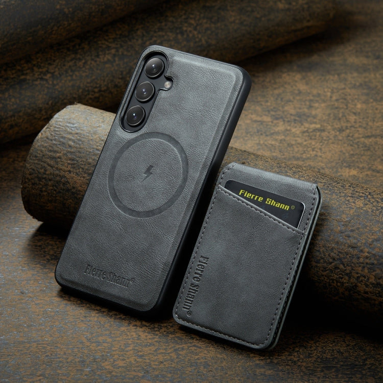 For Samsung Galaxy S23 FE 5G Fierre Shann Cowhide Vertical Flip Magnetic Card Holder Phone Case(Grey)