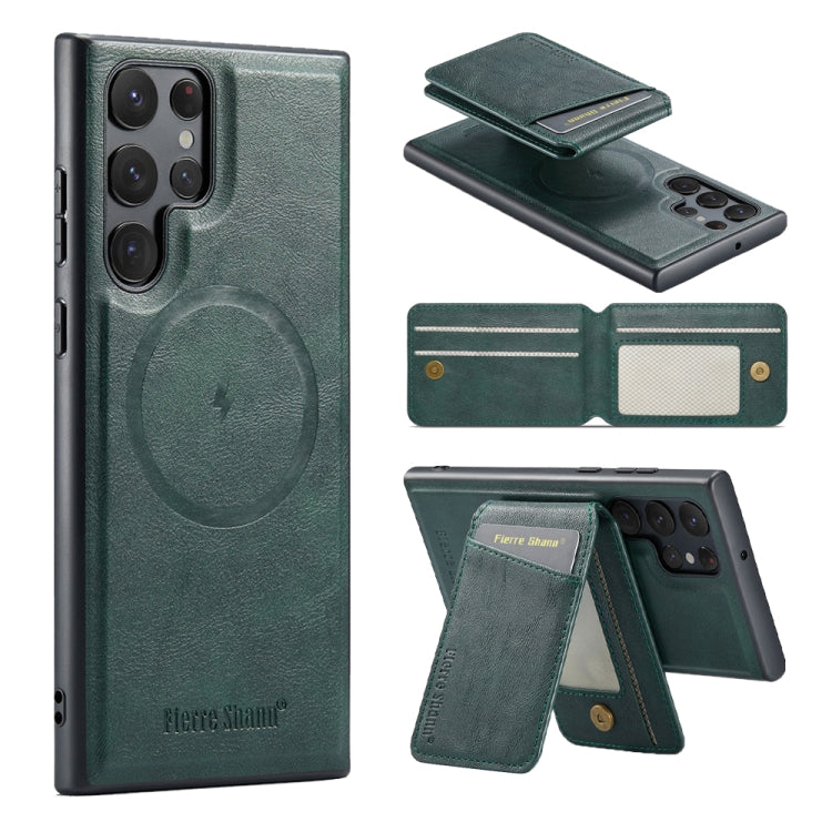 For Samsung Galaxy S24 Ultra 5G Fierre Shann Cowhide Vertical Flip Magnetic Card Holder Phone Case(Green)