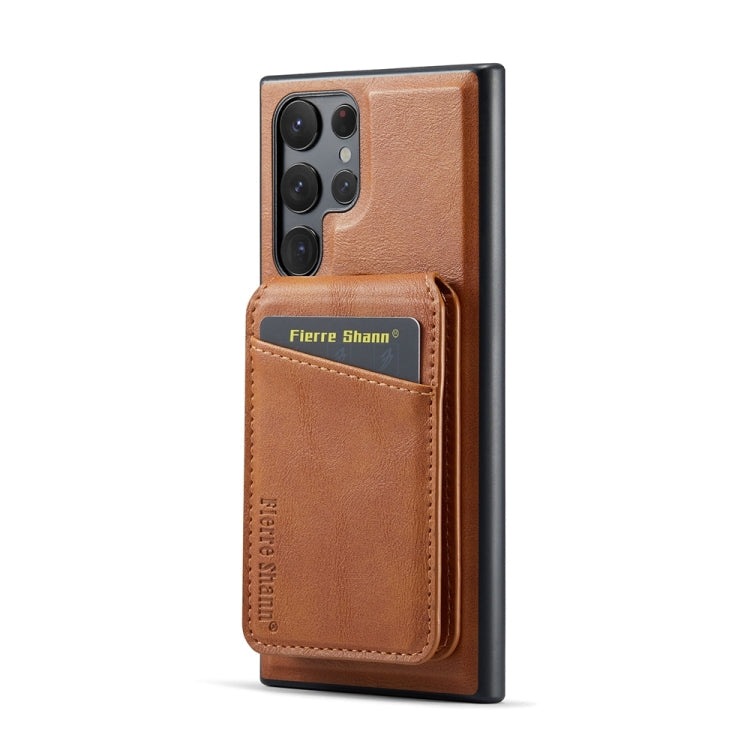 For Samsung Galaxy S23 Ultra 5G Fierre Shann Cowhide Vertical Flip Magnetic Card Holder Phone Case(Brown)