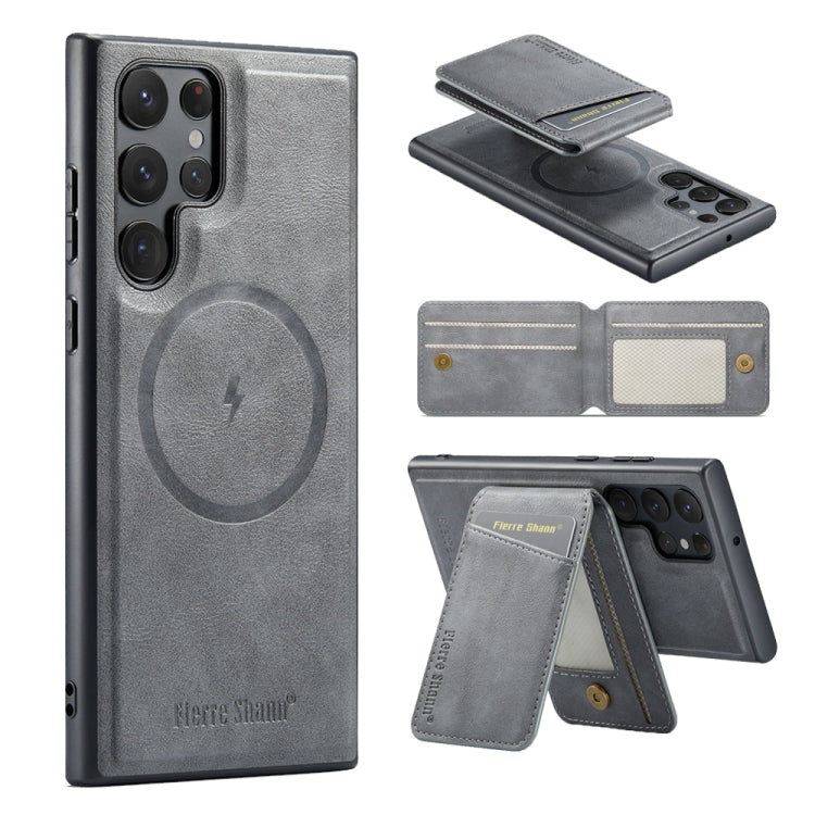 For Samsung Galaxy S23 Ultra 5G Fierre Shann Cowhide Vertical Flip Magnetic Card Holder Phone Case(Grey)