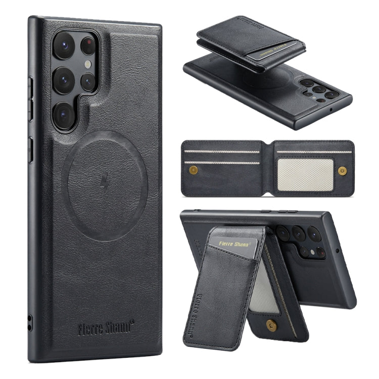 For Samsung Galaxy S22 Ultra 5G Fierre Shann Cowhide Vertical Flip Magnetic Card Holder Phone Case(Black)