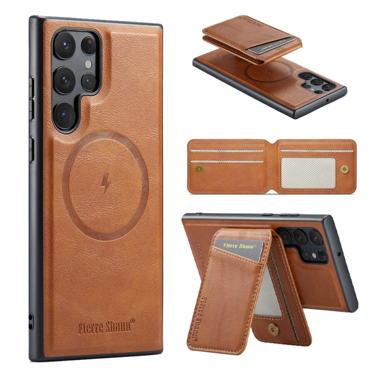 For Samsung Galaxy S22 Ultra 5G Fierre Shann Cowhide Vertical Flip Magnetic Card Holder Phone Case(Brown)