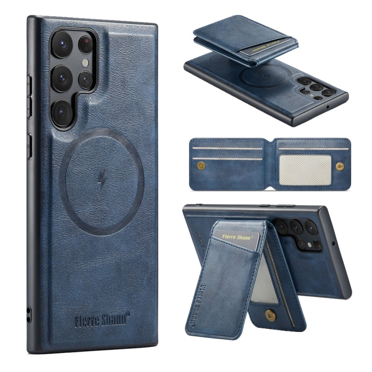 For Samsung Galaxy S22 Ultra 5G Fierre Shann Cowhide Vertical Flip Magnetic Card Holder Phone Case(Blue)
