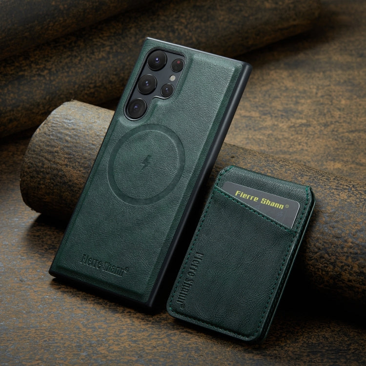 For Samsung Galaxy S22 Ultra 5G Fierre Shann Cowhide Vertical Flip Magnetic Card Holder Phone Case(Green)