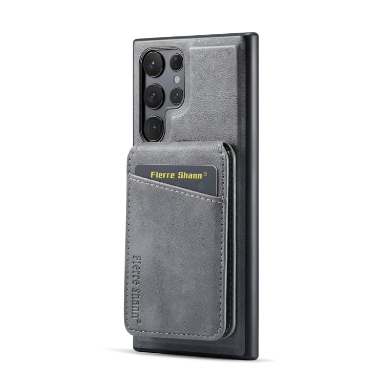 For Samsung Galaxy S22 Ultra 5G Fierre Shann Cowhide Vertical Flip Magnetic Card Holder Phone Case(Grey)