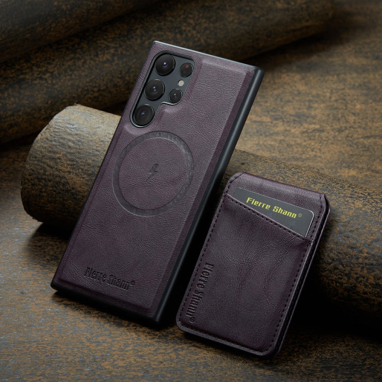 For Samsung Galaxy S22 Ultra 5G Fierre Shann Cowhide Vertical Flip Magnetic Card Holder Phone Case(Purple)