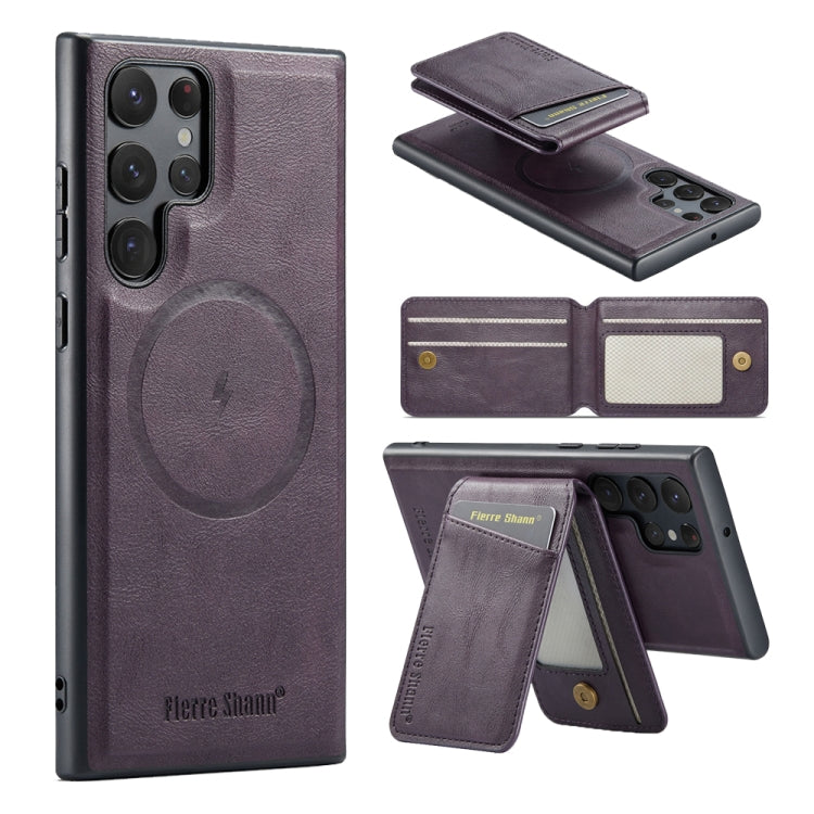 For Samsung Galaxy S22 Ultra 5G Fierre Shann Cowhide Vertical Flip Magnetic Card Holder Phone Case(Purple)