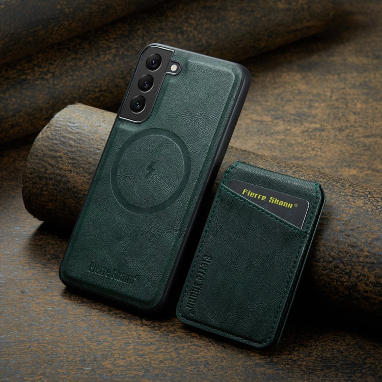 For Samsung Galaxy S22 5G Fierre Shann Cowhide Vertical Flip Magnetic Card Holder Phone Case(Green)