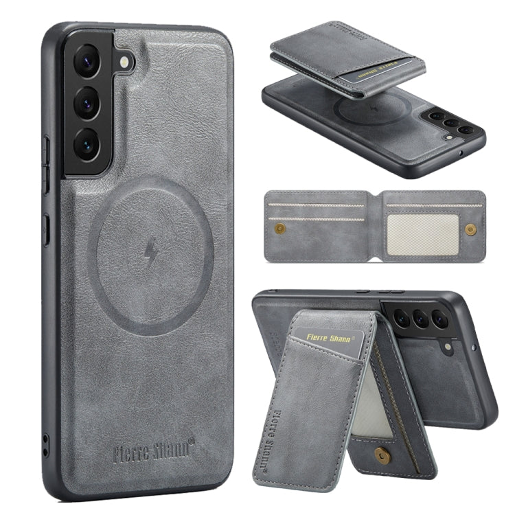 For Samsung Galaxy S22 5G Fierre Shann Cowhide Vertical Flip Magnetic Card Holder Phone Case(Grey)