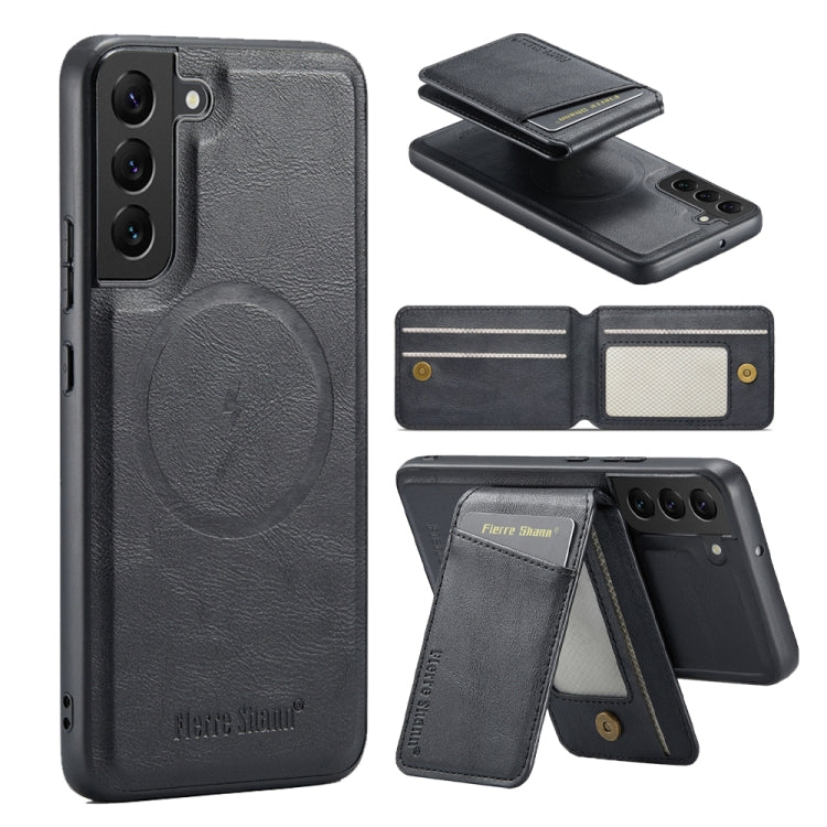 For Samsung Galaxy S22+ 5G Fierre Shann Cowhide Vertical Flip Magnetic Card Holder Phone Case(Black)