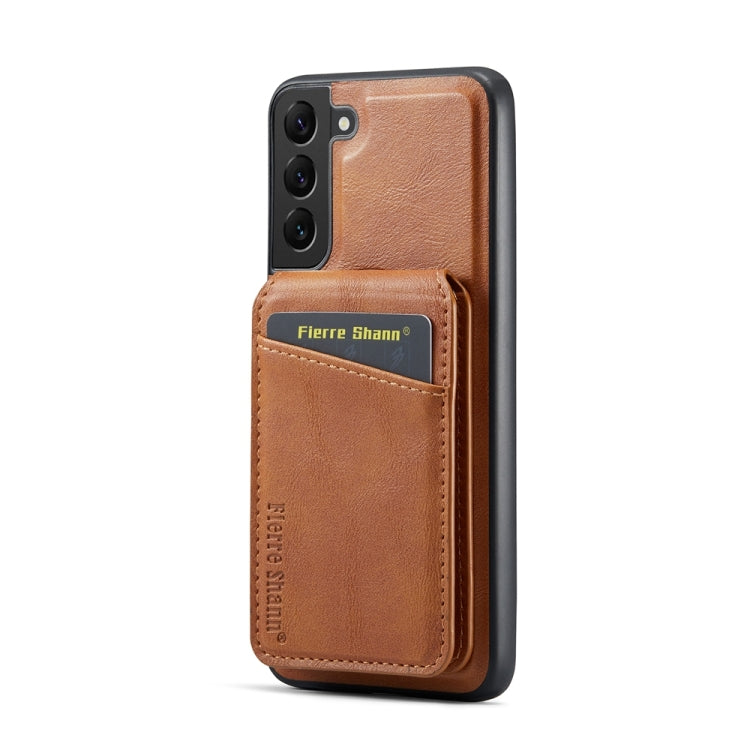 For Samsung Galaxy S22+ 5G Fierre Shann Cowhide Vertical Flip Magnetic Card Holder Phone Case(Brown)