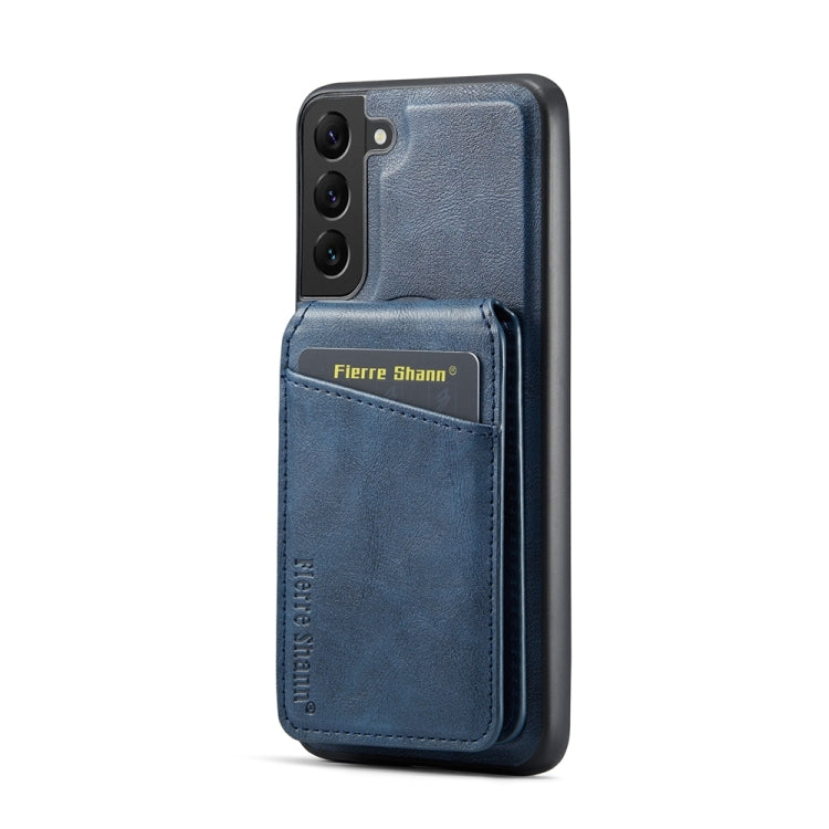 For Samsung Galaxy S22+ 5G Fierre Shann Cowhide Vertical Flip Magnetic Card Holder Phone Case(Blue)