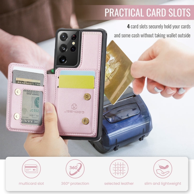 For Samsung Galaxy S21 Ultra 5G JEEHOOD J05 Business Magnetic Style RFID Leather Phone Case(Pink)