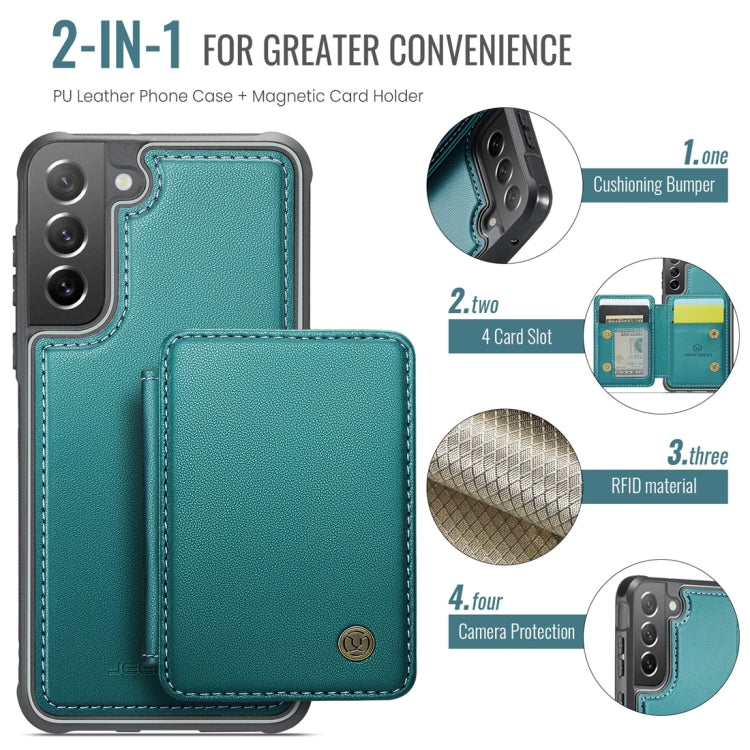 For Samsung Galaxy S21 FE 5G JEEHOOD J05 Business Magnetic Style RFID Leather Phone Case(Blue Green)