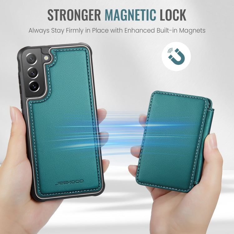 For Samsung Galaxy S21 FE 5G JEEHOOD J05 Business Magnetic Style RFID Leather Phone Case(Blue Green)