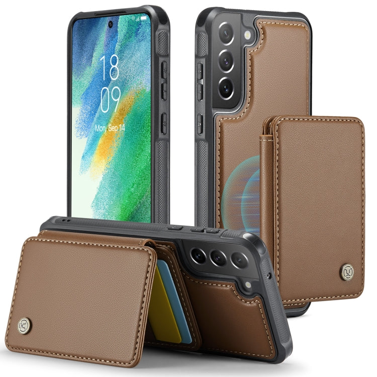 For Samsung Galaxy S21 FE 5G JEEHOOD J05 Business Magnetic Style RFID Leather Phone Case(Brown)